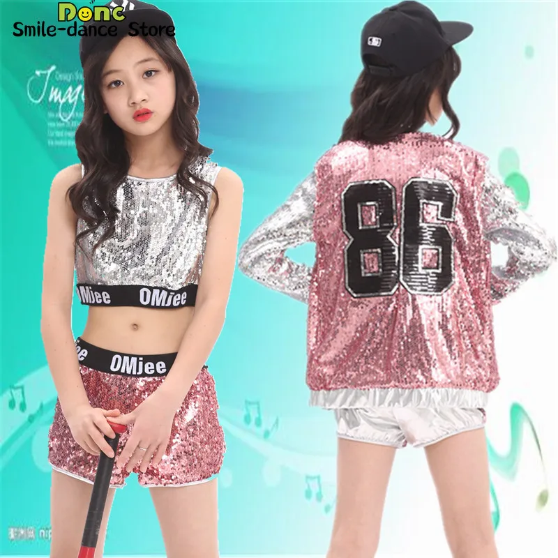 Sequins Shining Street Dance Jacket Children's Costume Jazz Dance Costume Pink Children's Day Stage Performance Costume Girl