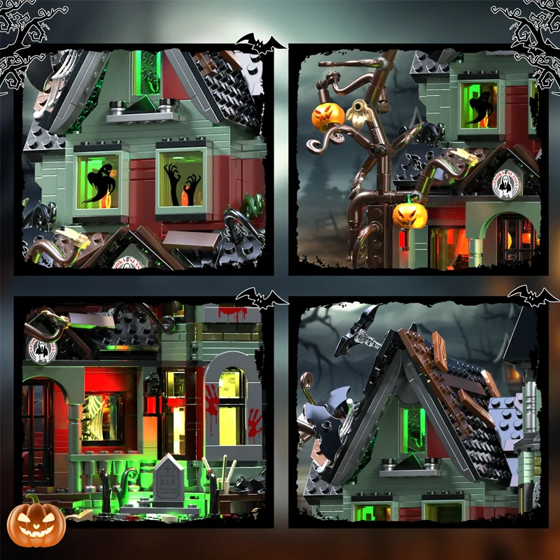 Halloween Scream House Building Blocks Com Luzes, Cena do Dia das Bruxas, Casa Assombrada, Conjuntos De Ideias, Brinquedos De Tijolos De Construção De Adultos, Presente De Natal