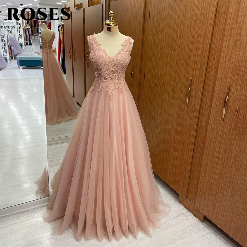 ROSES Tank V Neck Long Party Dresses Vintage Appliques Lace Night Dresses A Line Celebrity Dress With Beading vestidos de fiesta