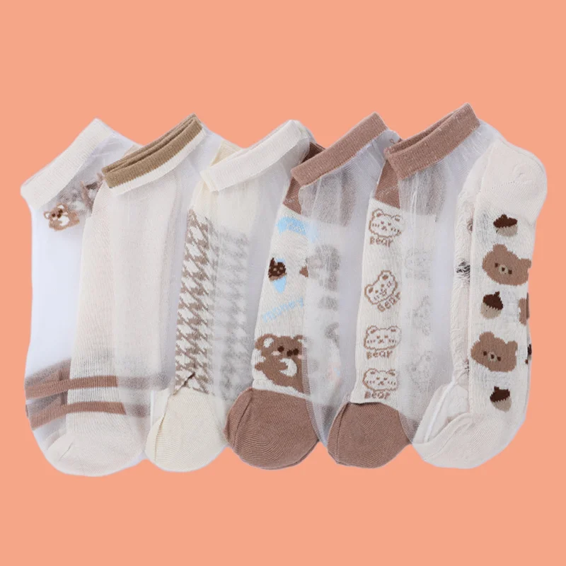 

5/10 Pairs New Women Summer Thin Card Stockings Short Socks Bear Socks Invisible Shallow Mouth Glass Stockings All-match Socks