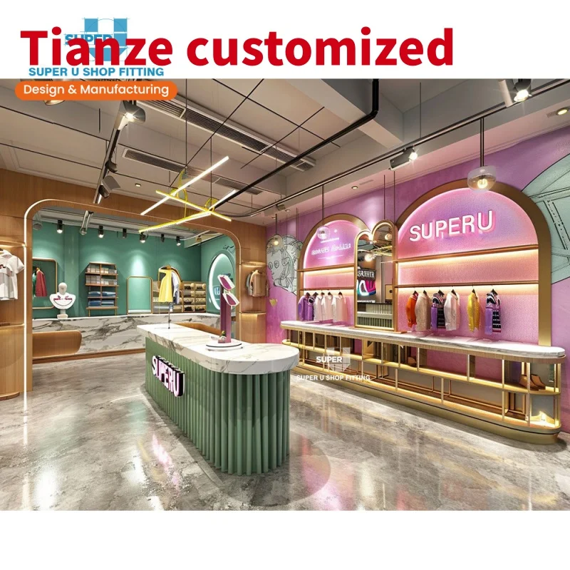 (customized)Fashion Garment Boutique Furniture Women Suit Clothes Shop Counter Decoration Wooden Clothing Store Display Interior