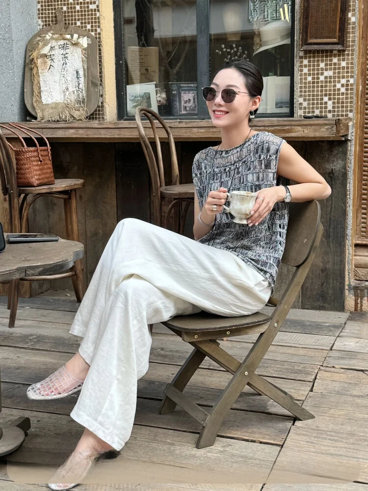 

Zozo Home Linen Pants High Waist Straight Leg Casual Trousers Cooling Drapey Weave Summer Faion Women's Premium Clothing