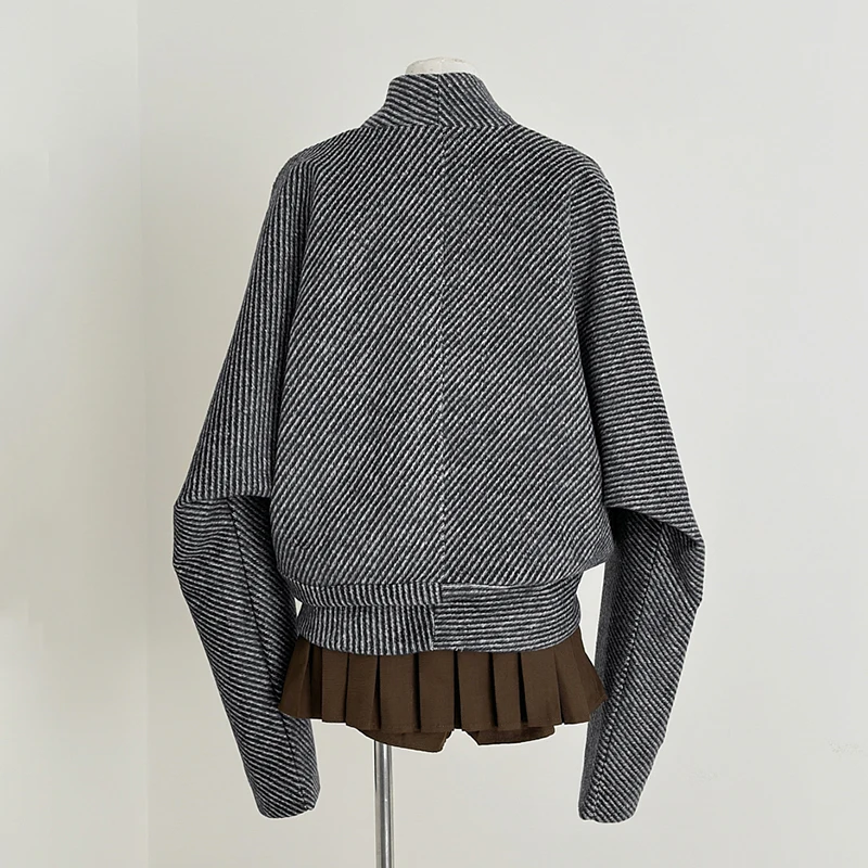 Stylish Autumn Winter Loose Jacket Coat Off-the-shoulder Bat Sleeve Overcoat Pocket Buttons Down Outwear Wool Blend Jacket Coat