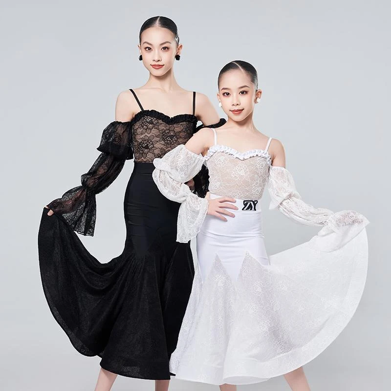 

Girls Ballroom Dance Clothes Latin Performance Dress White Black Off Shoulder Lace Tops Skirt Waltz Practice Clothing DNV22749