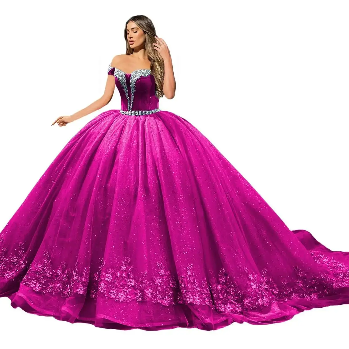 فستان تل لامع كوينسينيرا مخصص حلو 16 ثوب كرة عاري الكتفين Vestidos De 15 Quinceañera Vestidos De Baile