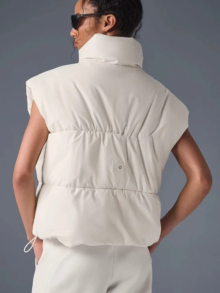 الوقوف طوق بلا أكمام المرأة سترة الشتاء الأسود الرباط الخصر Cinching صدرية المرأة فضفاضة رشاقته سترة دافئة للنساء #4