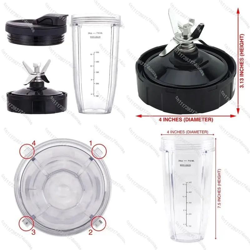 24oz Replacement Cup with 7 Fin Extractor Blade for Ninja Blender Parts Compatible with Nutri Ninja Auto IQ BN801 SS101