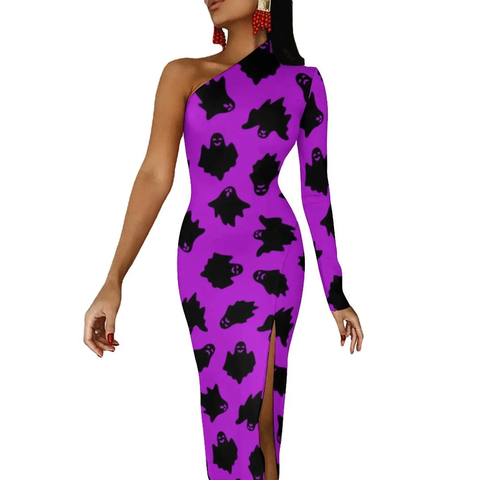 

Black Ghost Print Bodycon Dress Summer Halloween Modern Art Kawaii Side Split Long Dresses Long Sleeve Graphic Street Wear Dress