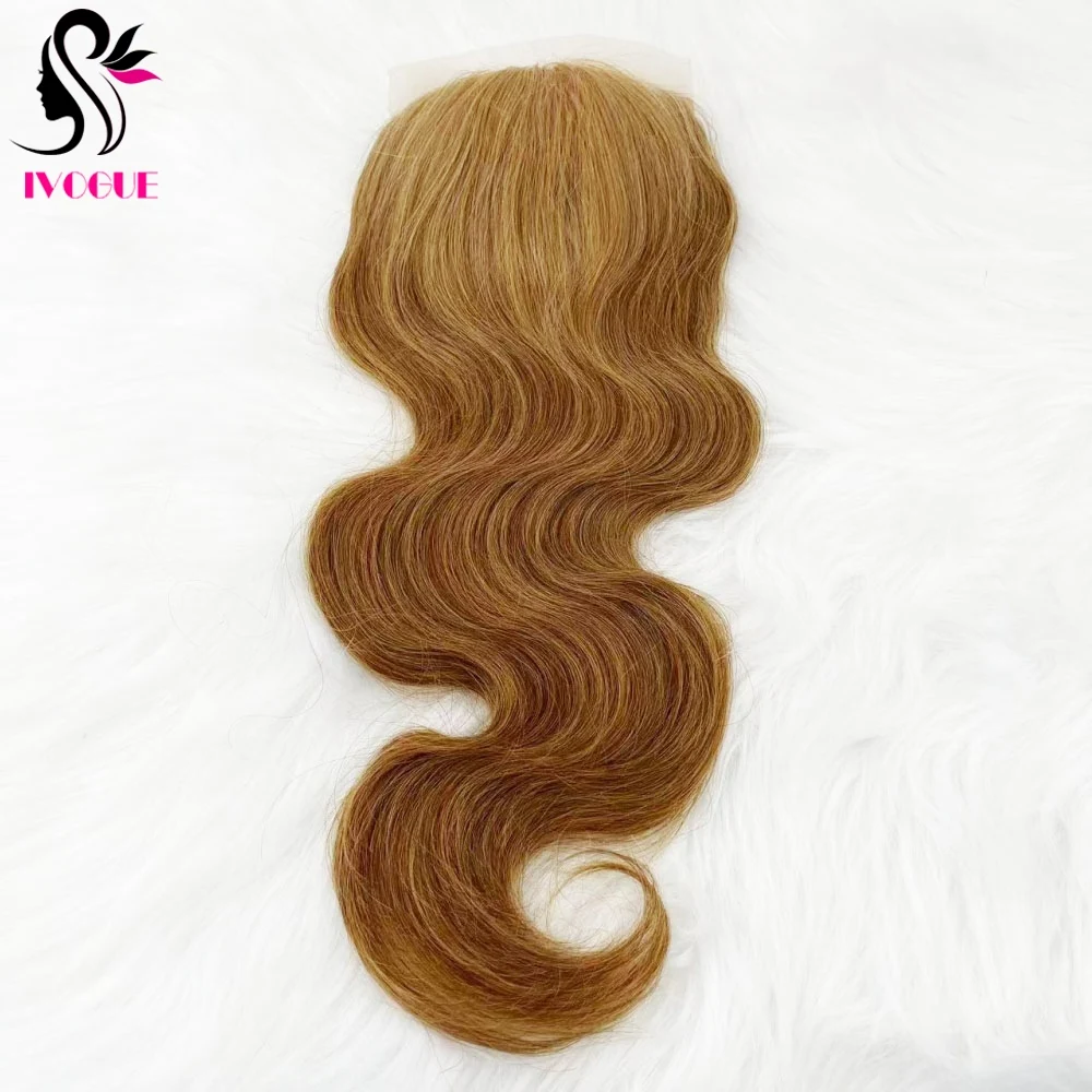 

5x5 дюймов Медовый Блондин Настоящие человеческие волосы Remy Шелковая основа Закрытие Силиконовая кожа Верхняя кружевная застежка Объемная волна Предварительно выщипанные с детскими волосами