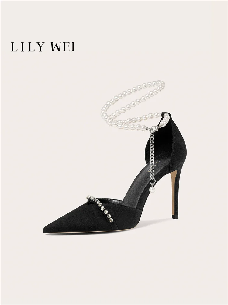 Spring/Summer New Pointed Suede Pearl Chain Water Diamond Sandals Banquet Large Size Small Size Widening High Heels Women's Shoe