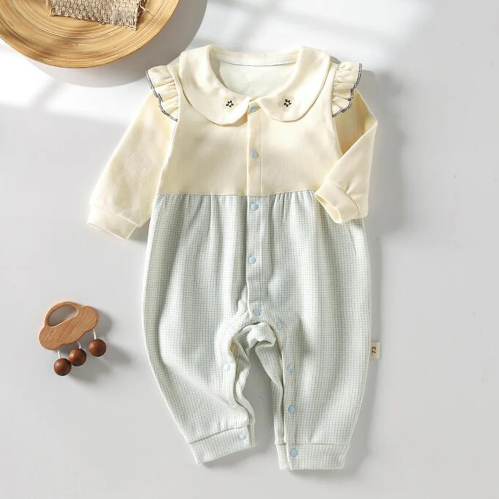 

Baby Rompers Girl Long Sleeve Cotton Ruffles Peter Pan Collar 1st Birthday Infant Clothing Plaid Patchwork Baby Jumpsuits