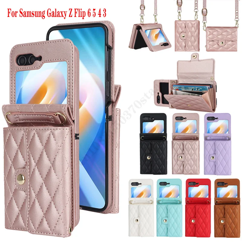 

For Samsung Galaxy Z Flip 3 4 5 6 5G Case Diagonal Wallet card Slot Flip Leather For Galaxy Z Flip6 Insert Card Protection Cover