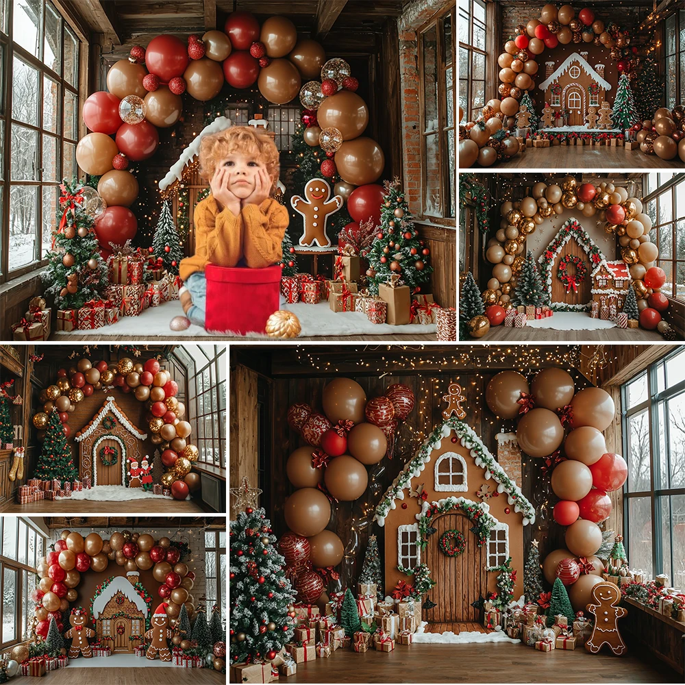 Fondo de fotografía de hombre de jengibre de dibujos animados arco de Navidad decoración de la casa de globos niños fiesta de vacaciones telón de fondo accesorios de estudio