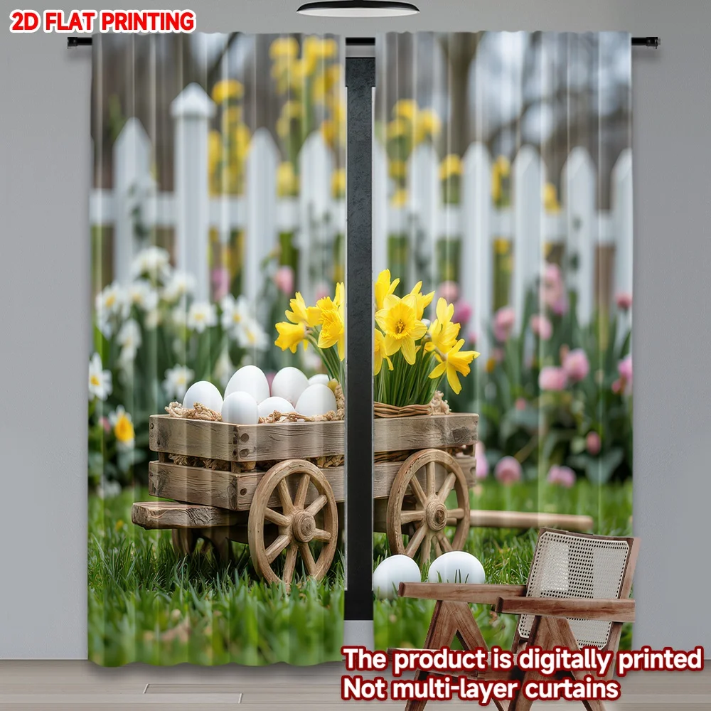 

2D flat printing 2pcs Window Drapes Easter Daffodils and Eggs Digital Printed Polyester Drapes Festive Wall Decor for Photo