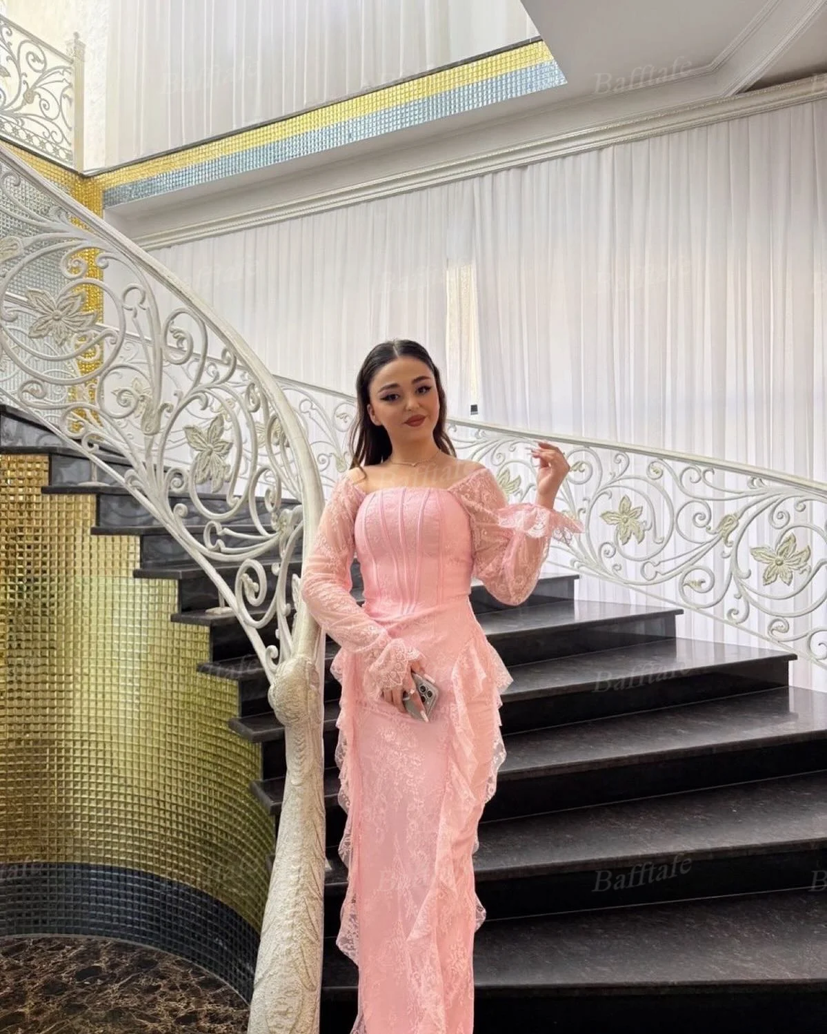 Bafftafe カスタマイズされたピンクレースのイブニングドレスマーメイド長袖女性ウエディングドレス特別な日のフォーマル誕生日パーティードレス