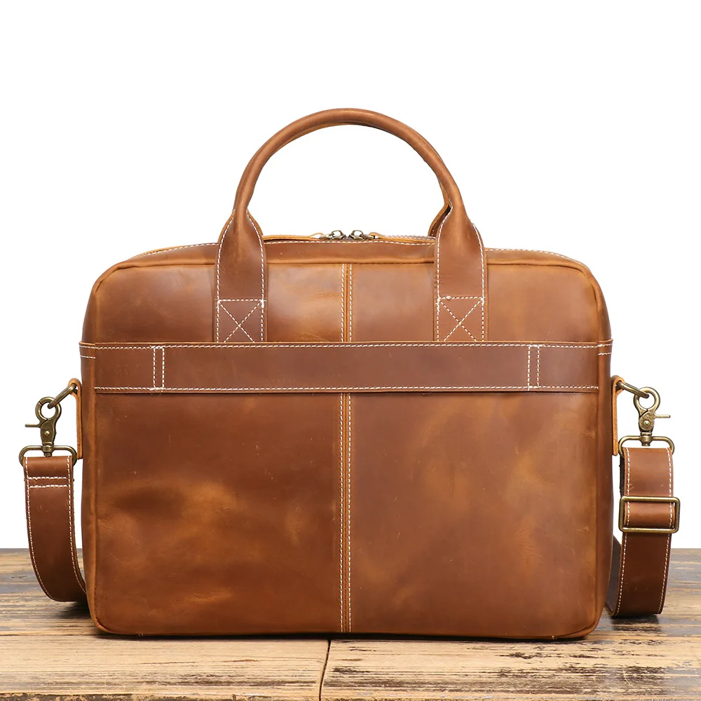 Retro Crazy Horse Song Dance Show Leather Briefcase 40cm Business Notebook Bag Granular Genuine Leather Shoulder Bag Large Capacity 40X30X9Cm 1.7kg