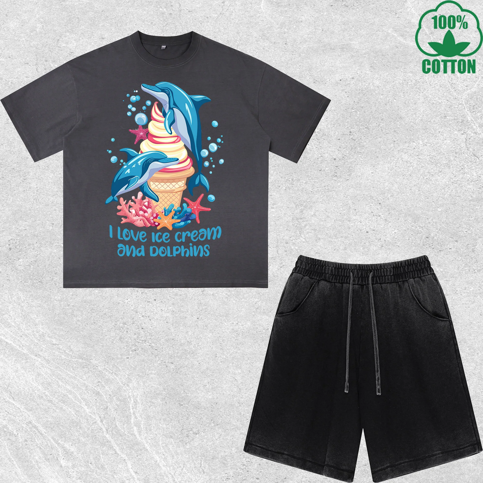 

I Love Ice Cream and Dolphins Printed Dirty Wash T-Shirt Shorts Set Multicolor Combo Loose Trendy Fashionable 100%Cotton