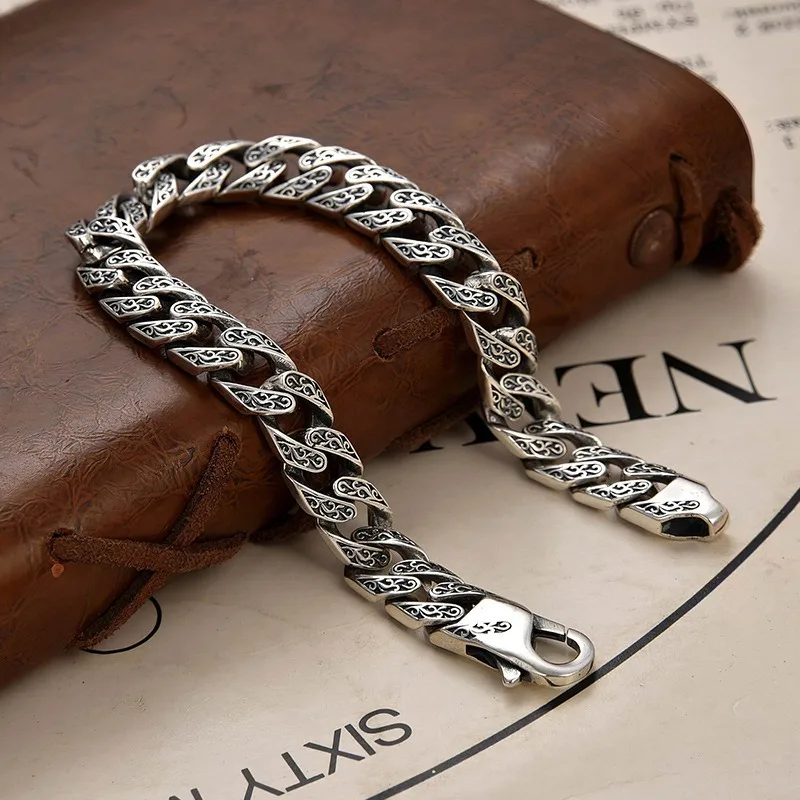 New 925 Silver Plated Cuban Chain Bracelet, Vintage Arabesque Pattern, Handmade Luxury Birthday Gift Jewelry