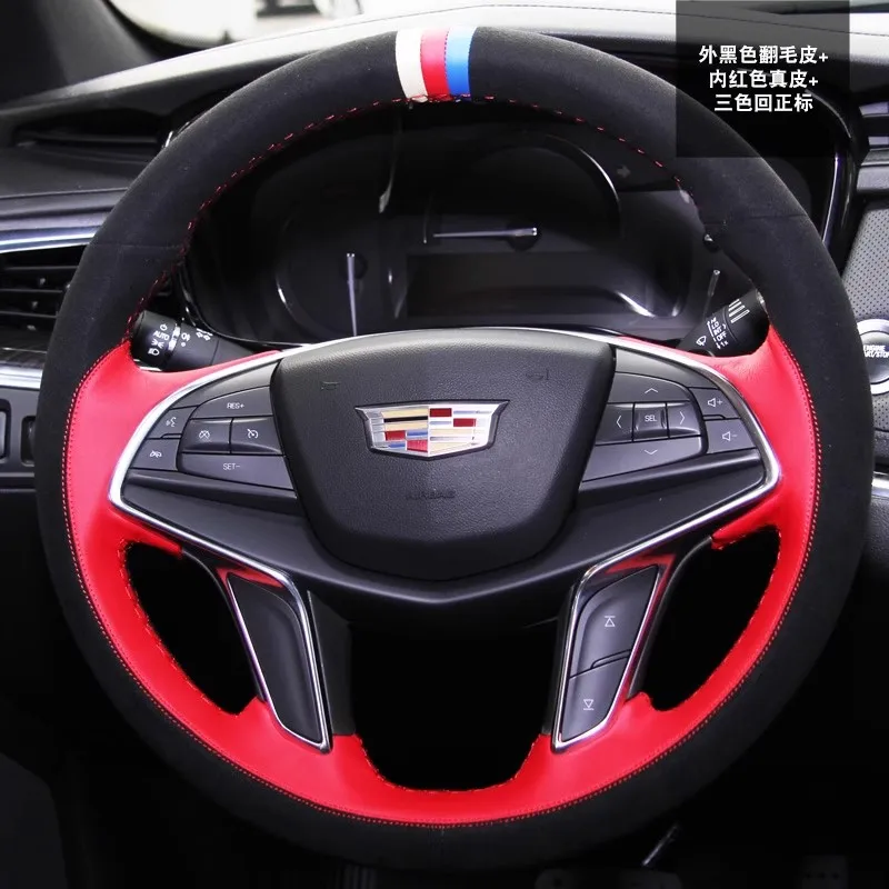 Hand-Stitched Non-Slip Sports style genuine Leather Steering Wheel Cover For Cadillac XT5 XTS ATSL XT5 SRX CT6 Car Accessories