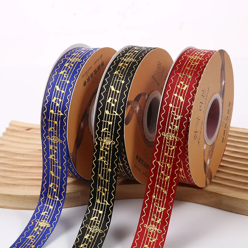 2.5cm width 48/96/144yard Satin Ribbons Gold metalic music note Barto Badge DIY Crafts Handmade flowers for headband ribbons