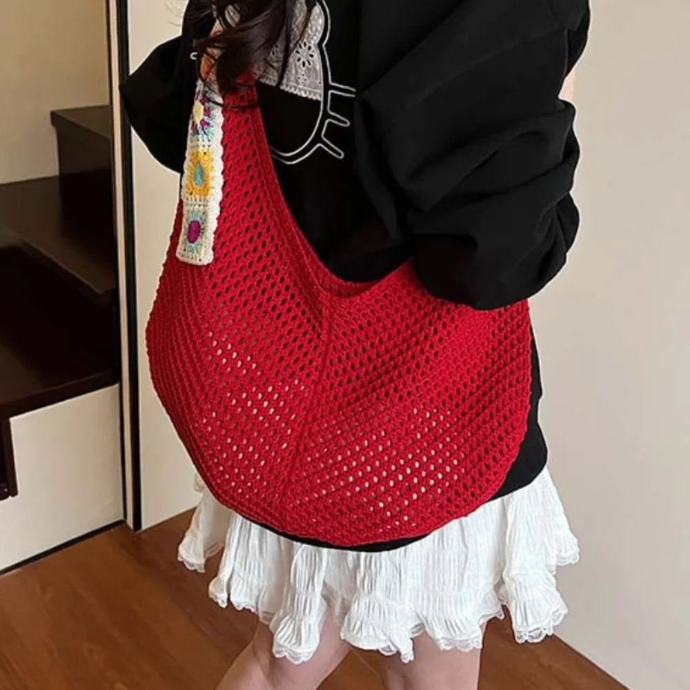 

Trendy Large Capacity Crochet Tote Bag Flower Ethnic Style Hollow Woven Bag Embroidered Strap Polyester Knitting Handbag School