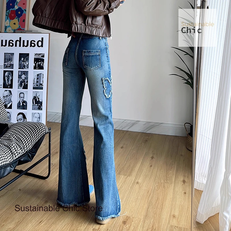 American high street retro spice butterfly embroidery micro-la jeans women's summer new plus size women's slim wide-leg pants