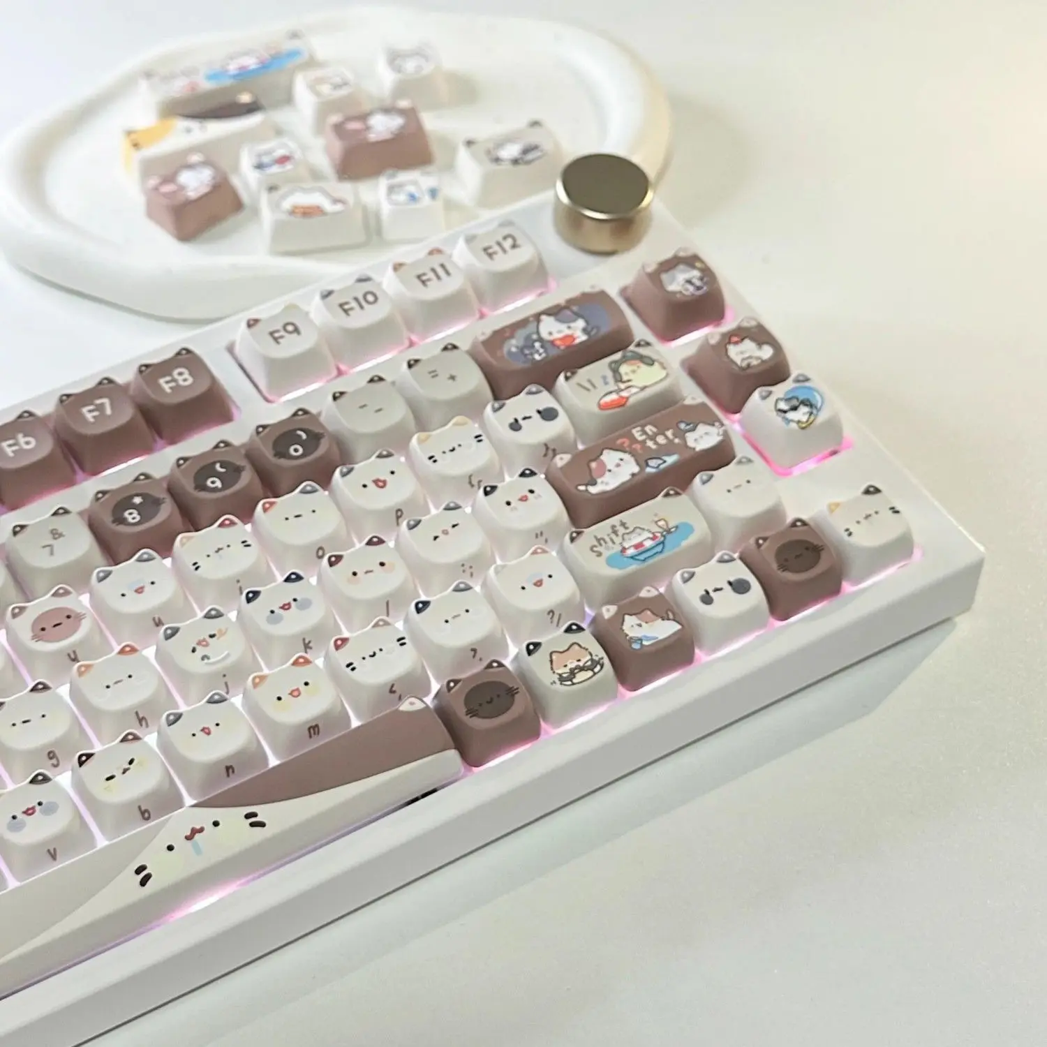 140 Keys Mocha Cat Custom Key Cap MAO Height Keycaps Pbt Material Cute High Value Mechanical Keyboard Cap Boys Girls Custom Gift
