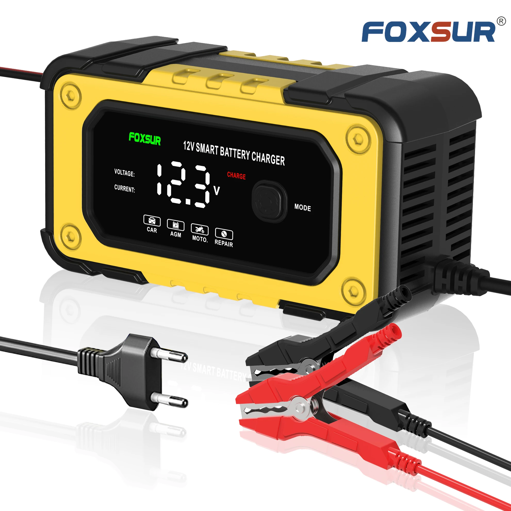 FOXSUR Smart Car Battery Charger for 12V 6Amp Automotive Motorcycle Truck AGM Gel Wet Lead Acid Starter Battery Cars Accessories