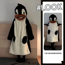 Cute Cartoon Little Penguin Hooded Coral Fleece Pajamas Women'S Winter Thick Home Clothes Nightgown Nightdress