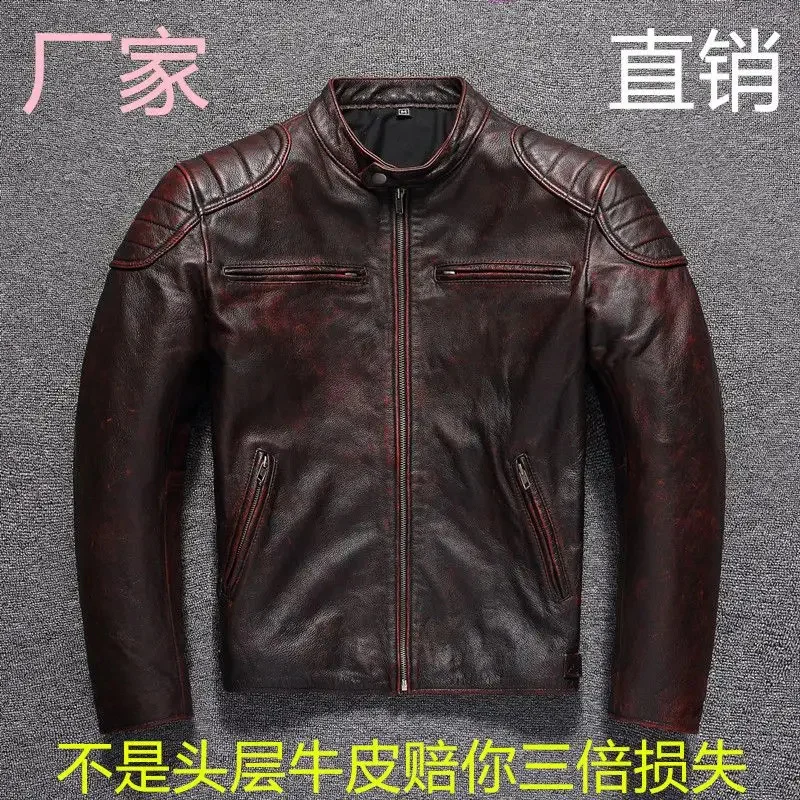 Pakistan Cowhide Leather Jacket Men Stand Collar Retro Red Brown Men's Genuine Motorcycle Man Coat Male