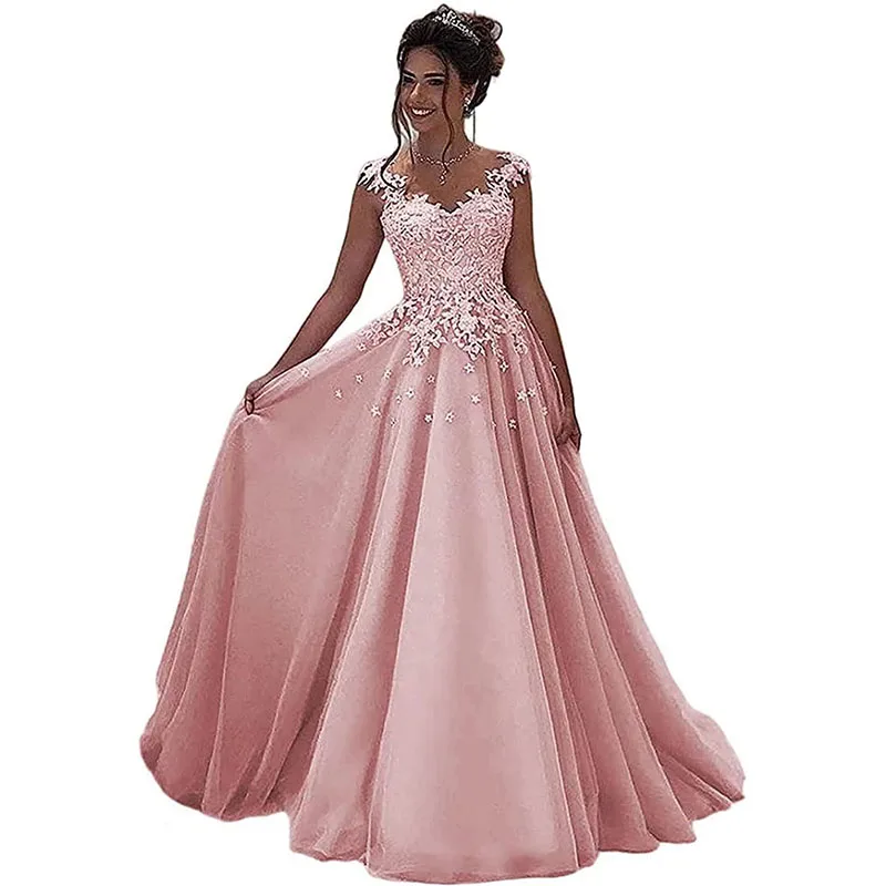 

Вечерние кружевные платья для женщин, длинные милые элегантные танцевальные платья трапециевидной формы без рукавов с аппликацией в пол