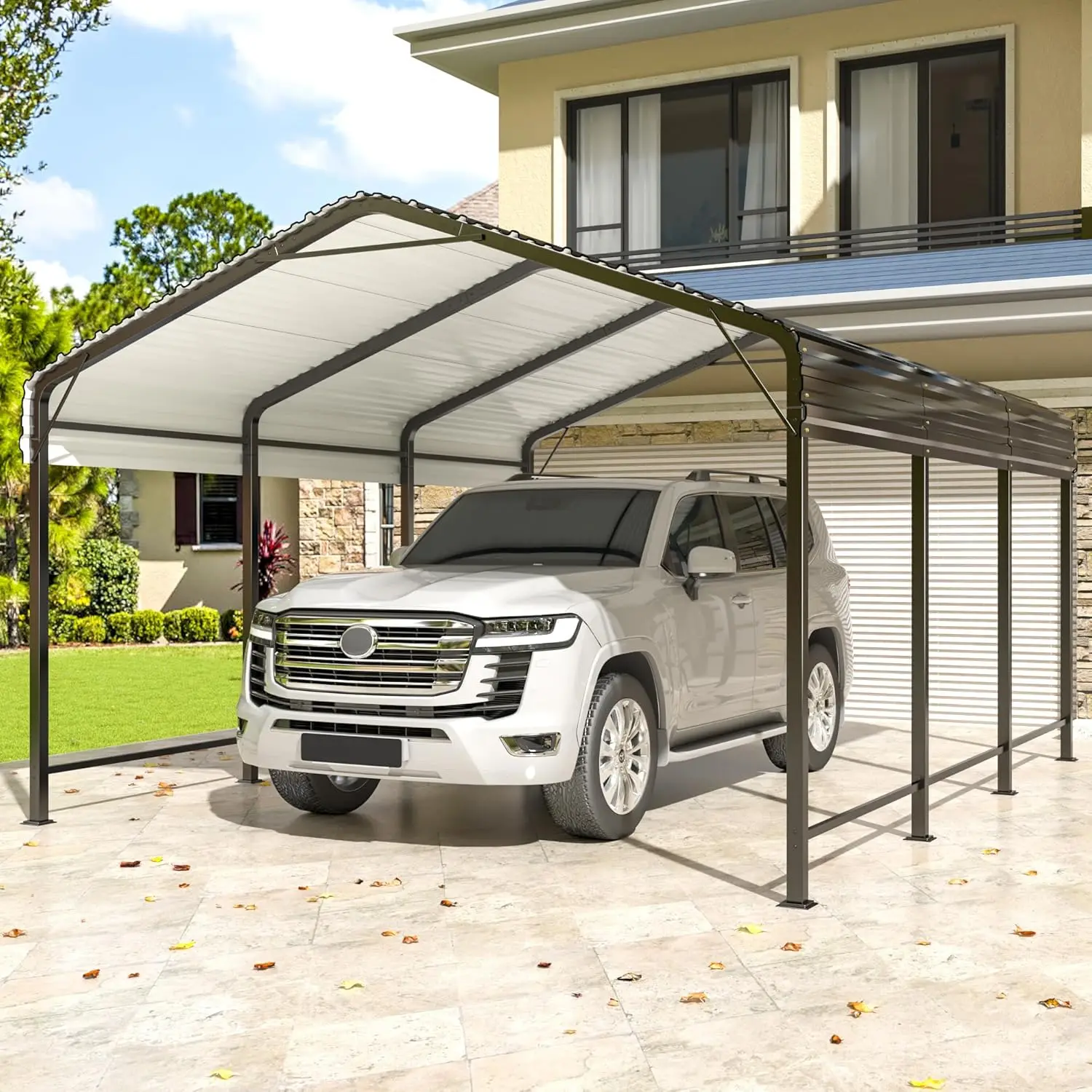 

10x15 FT Metal Carport Canopy Enhanced Base Outdoor Heavy Duty Garage Galvanized Car Shelter Pickup Boat Tractors USA