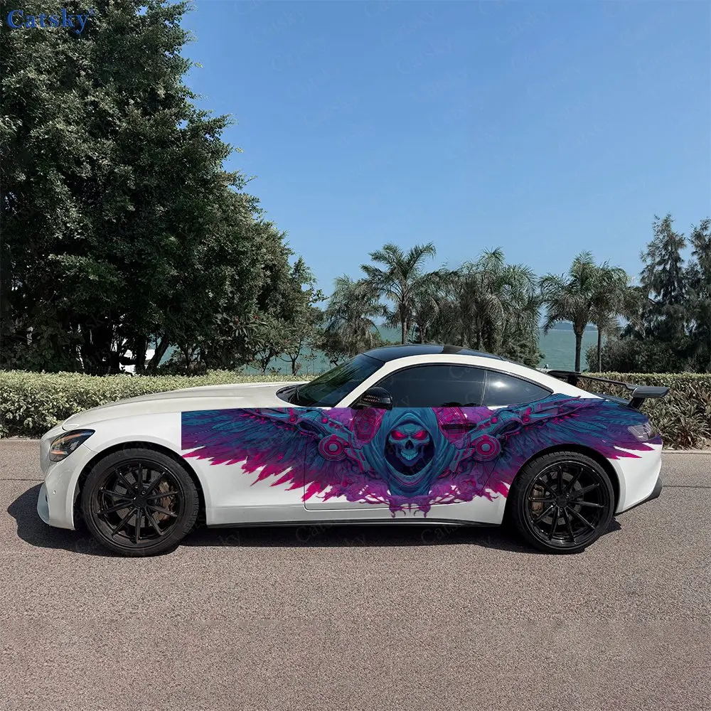 

2pcs Purple Flame Skull Winged Car Side Wraps, Self-Adhesive PVC Waterproof & Scratch-Resistant Stickers, Car Accessory Gift