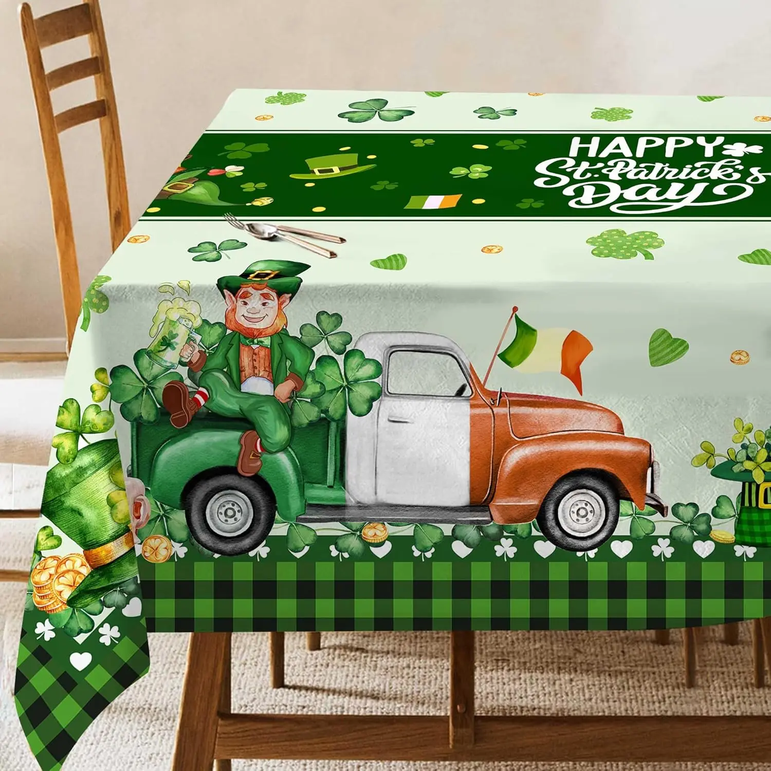 Happy St. Patrick's Day Shamrock Truck Green Leprechaun Tablecloth Party Decor Lucky Clover Waterproof Table Cloth Table Decor