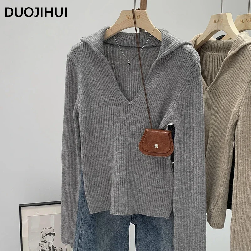 DUOJIHUI-Suéter feminino de tricô doce, pulôveres femininos finos, gola chilly para outono, manga comprida, moda casual simples, cáqui