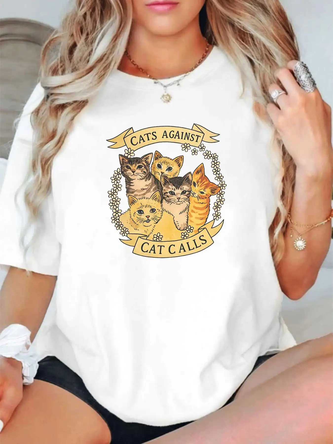 

【11422340】 Женская футболка больших размеров с круглым вырезом и короткими рукавами, эластичными половинными рукавами и модными принтами