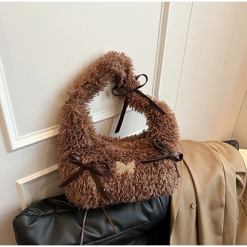 Flauschige Hobo-Schultertasche aus Kunstfell mit Schleife, minimalistische, lässige Handtasche mit Tragegriff für Damen, weiche Plüsch-Pendler-Tragetasche, Herbst/Winter – Detail 17