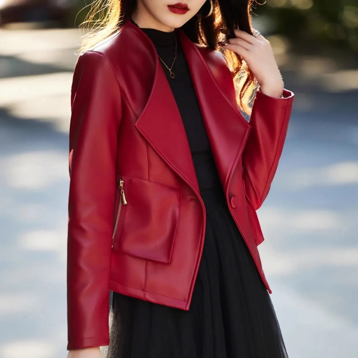 Fashion PU Leather Coat Women's 2026Spring Autumn Winter New Outerwear Slim Red Leather Jacket Casual Suit Short Overwear Ladies