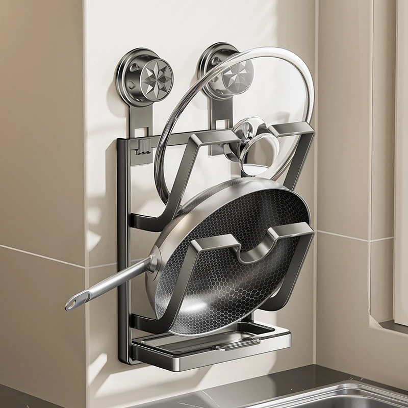 Suction cup pot cover holder, no drilling, multi-layer storage rack, wall-mounted kitchen shelf, multifunctional chopping board