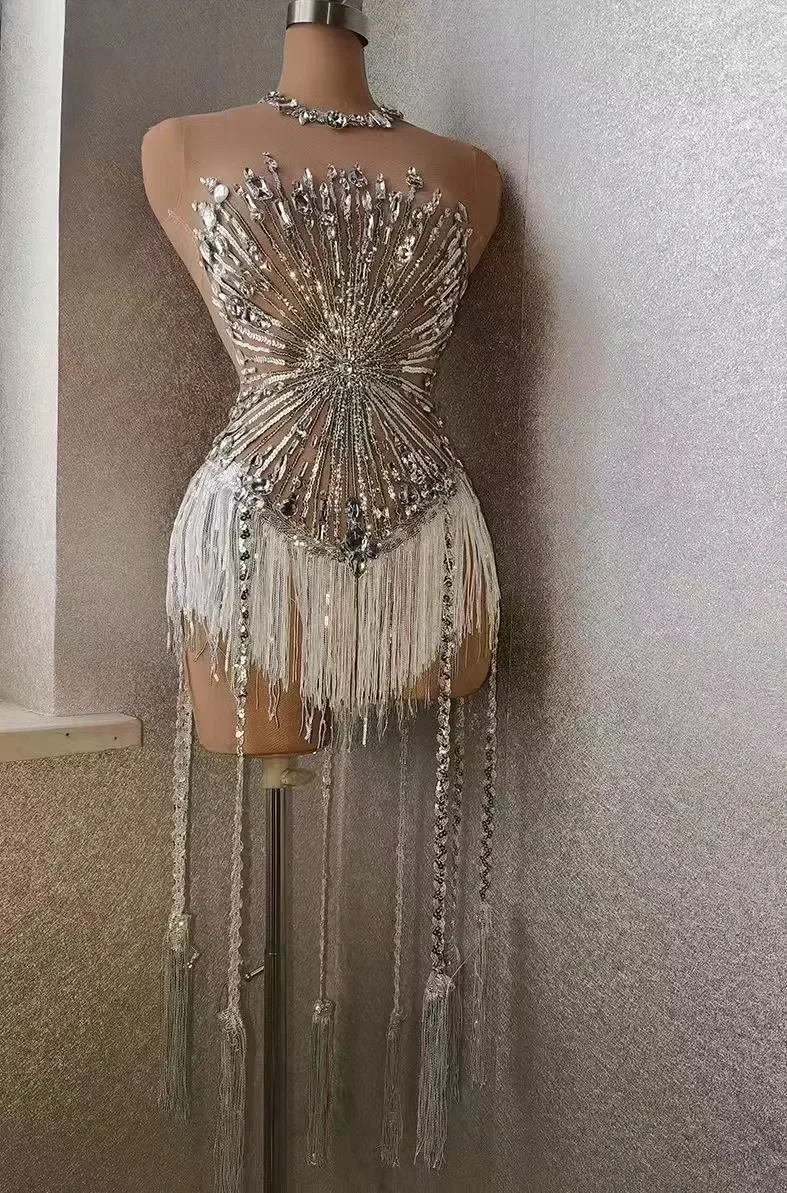 Leotardo de lentejuelas con flecos y diamantes de imitación para mujer, malla transparente, traje de baile, ropa de escenario, Body de Club, Sexy