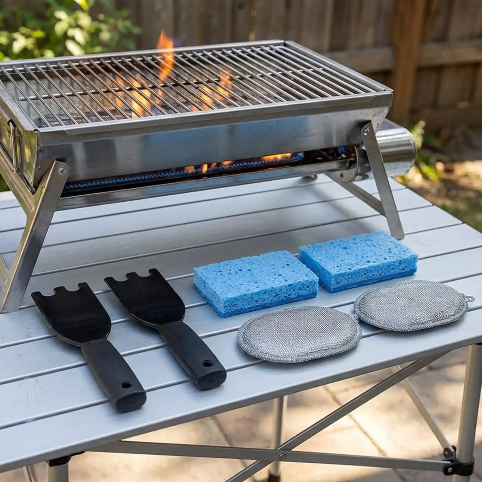 Grill Cleaning Barbecue Scrub Tools Kit With Sponges Grill Scraper For Outdoor Backyard Patio Camping Party Gathering Kitchen