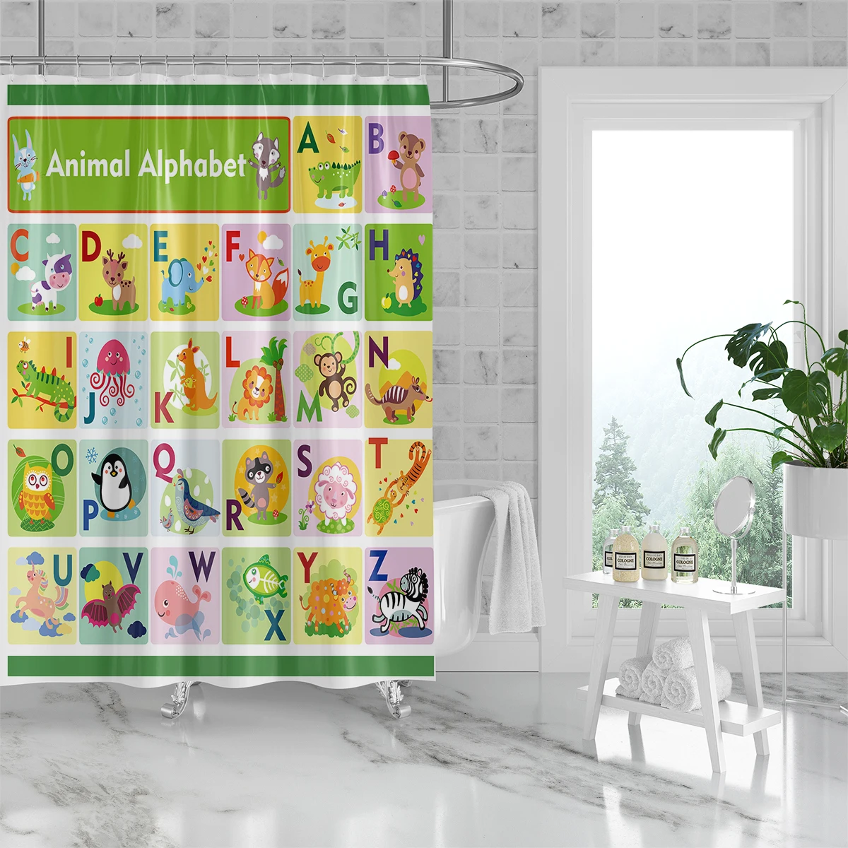 Kids Educational Learning Alphabet Tool Shower Curtains Set with 12 Hooks, Funny Teaching Words Colorful Bathroom Decor