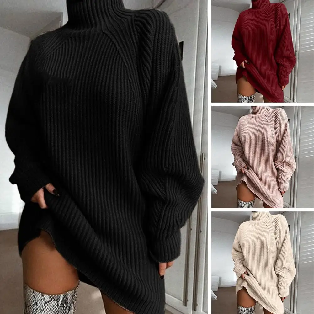 ชุดเดรสสเวตเตอร์ของผู้หญิงชุดเดรส sweater kerah Tinggi อบอุ่่นเดรส sweater kerah Tinggi มีสไตล์สำหรับผู้หญิงทรงหลวมใส่ให้ความอบอุ่นในฤดูใบไม้ร่วง