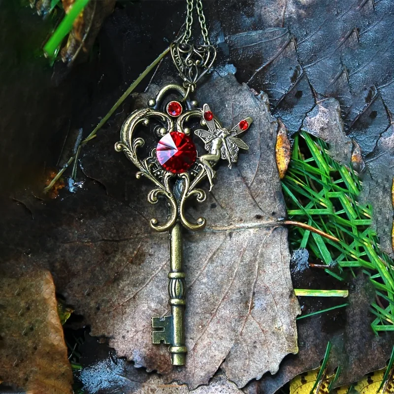 Vintage Bohemian Magic Fairy Key Necklace for Women Zinc Key Pendant with Red Zircon Butterfly Charm