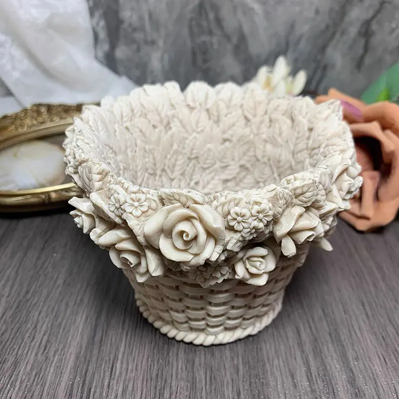 Rose Basket Silicone Mold Concrete Candle Vessel Mold Rattan Basket Cement Flower Pot Mould Plaster Pen Holder Vase Mould