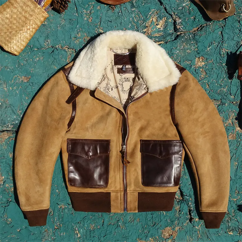 Light Brown Winter Leather Jacket Men Retro Style Plus Size 5XL Genuine Natural Thick Sheepskin Turn-Down Collar A2 Flight Coat