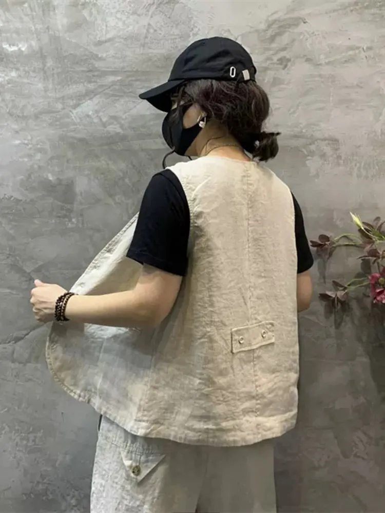 レディース スヴェル リネン ベスト サマー トップ ヴィンテージ アーティスティック オープン カーディガン アウター ジャケット レギュラー丈 通勤 スレ ピュアカラー
