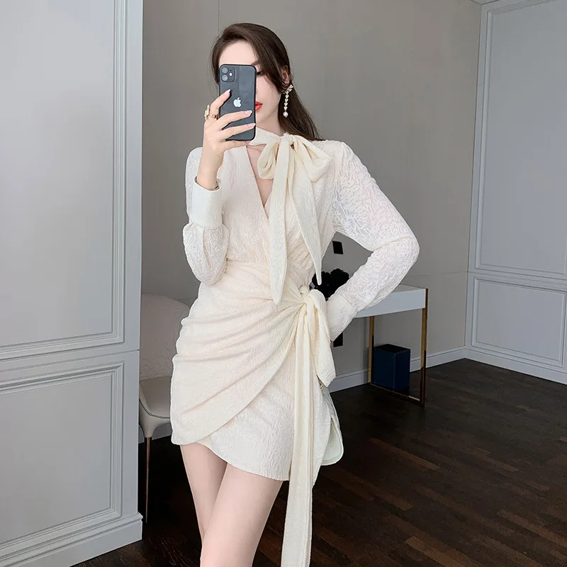 خريف جديد المشاهير التصميم الفرنسي القوس الدانتيل متابعة الخصر غير النظامية الورك ملفوفة اللباس #1