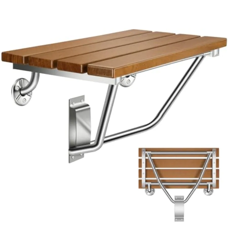 

20 настенных складных сидений для душа с кронштейном из нержавеющей стали, отделка из тика, грузоподъемность 500 фунтов, высокая стабильность конструкции, экономия пространства