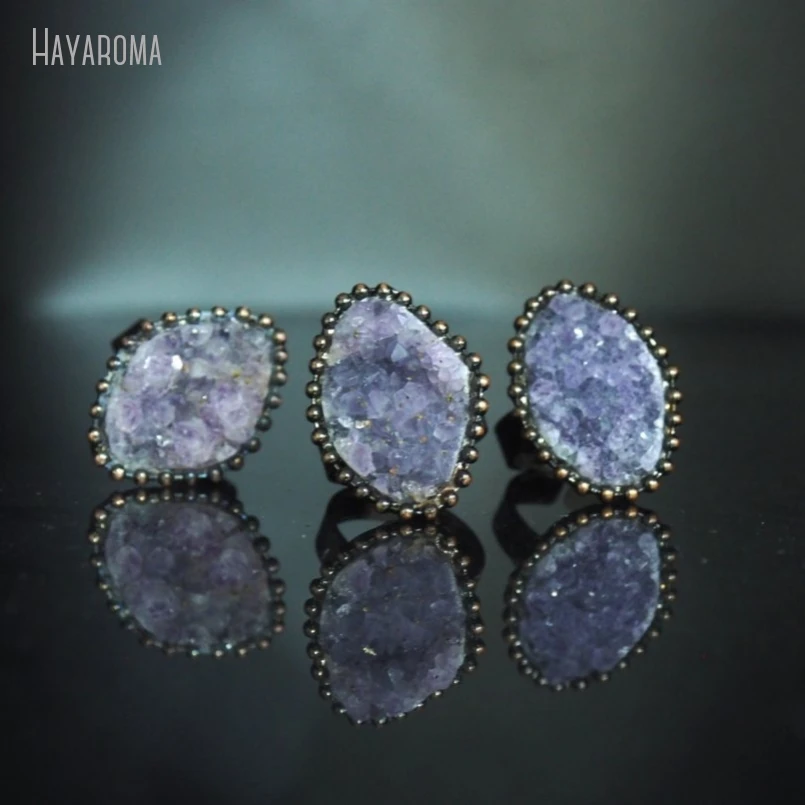 

10Pcs Wholesale Soldered Free Form Vintage Style Handmade Antique Bronze Color Tin Amethysts Cluster Druzy Crystal Ring